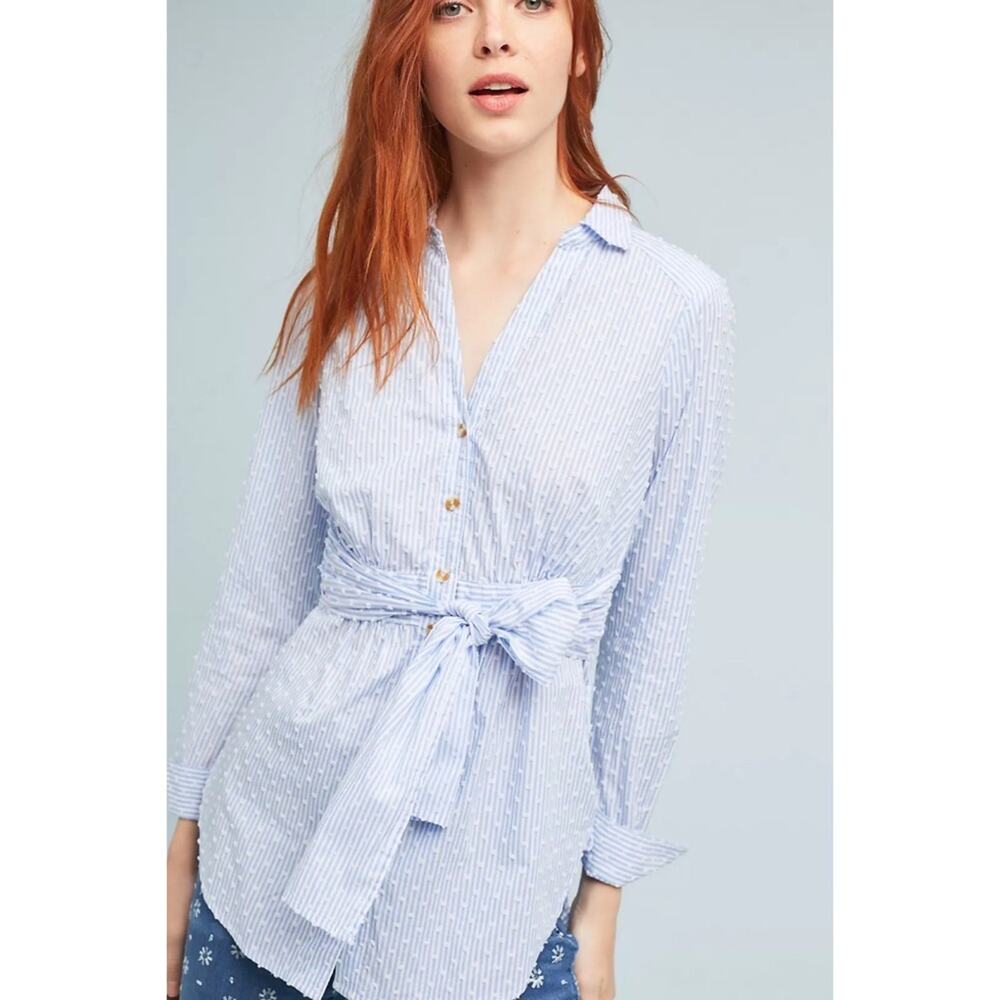 Anthropologie Maeve Stripe Clip Dot Tie Front Blouse